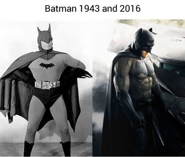
Batman năm 1943 trông khá buồn cười với bộ trang phục bằng vải trơn bởi kĩ xảo thời đó tương đối kém. Tuy nhiên, ngày nay thì Batman không chỉ có bộ đồ bó khoe cơ bắp mà còn được hỗ trợ hàng loạt máy móc trang thiết bị khác cho bộ đồ của mình nữa nhé.
