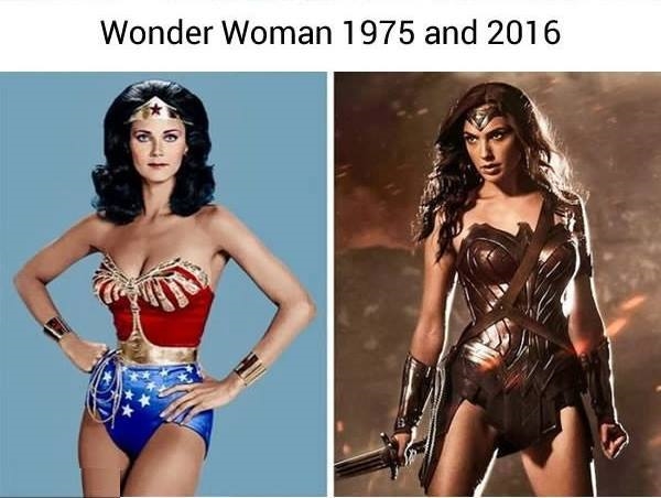 
Wonder Woman xuất hiện trên màn ảnh năm 1975 với trang phục tương đối mát mẻ, phóng khoáng và màu mè theo đúng thị hiếu thời đó. Ngày nay thì bộ giáp của Wonder Woman đã được làm lại giống với một nữ chiến binh Hy Lạp cổ hơn.
