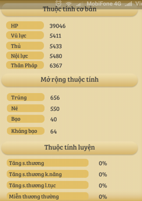 
Thông số tư chất của tướng Vương Ngữ Yên trong Đông Tà Tây Độc.
