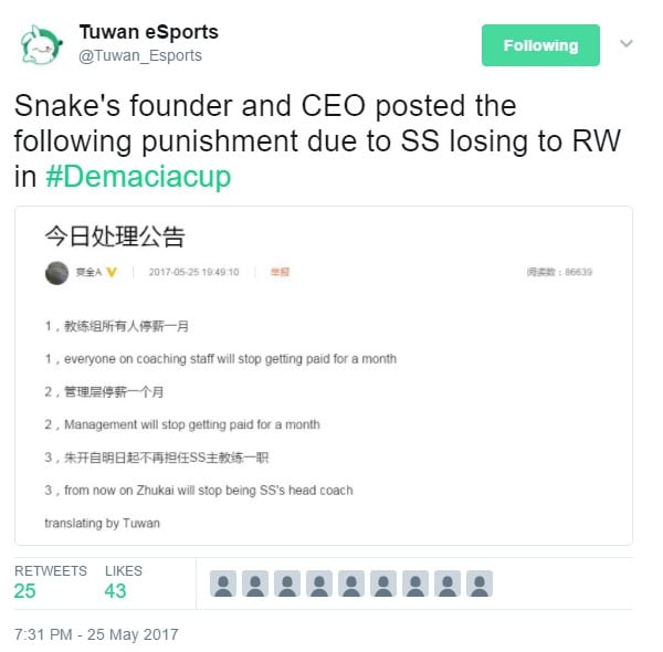 
Bài đăng của Tuwan eSports về sự trừng phạt của ông chủ Snake eSports
