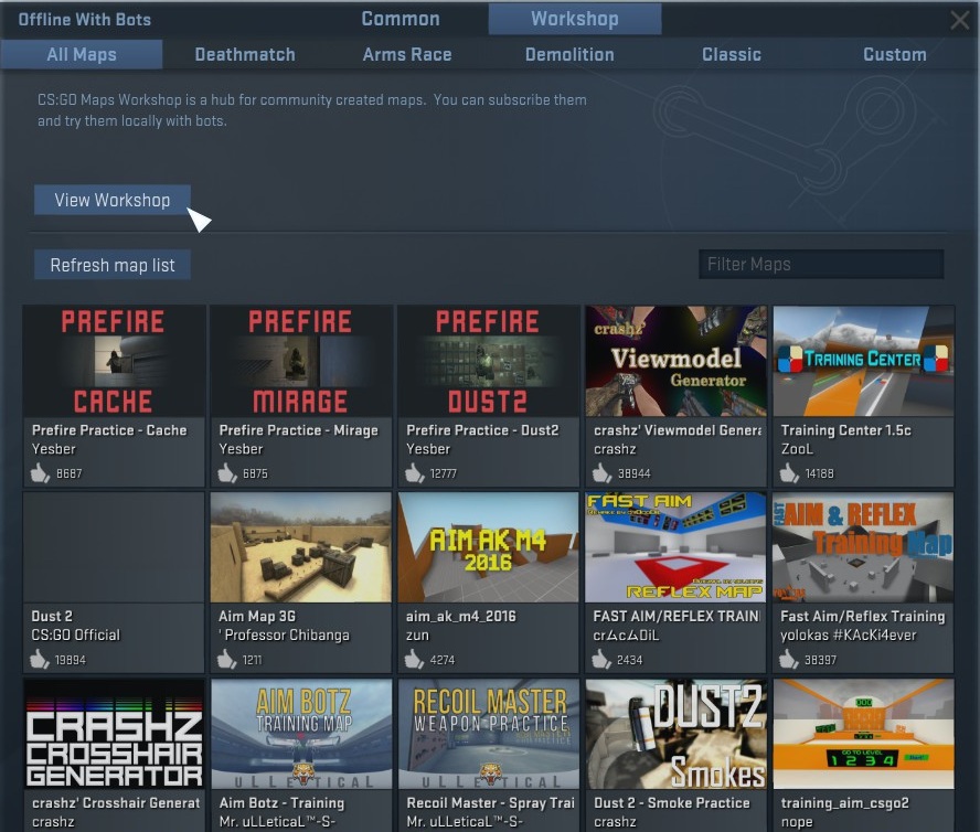  Có thể tìm thấy mục workshop bên cạnh thẻ “common” và click vào view workshop để tiến hành tìm down các map 