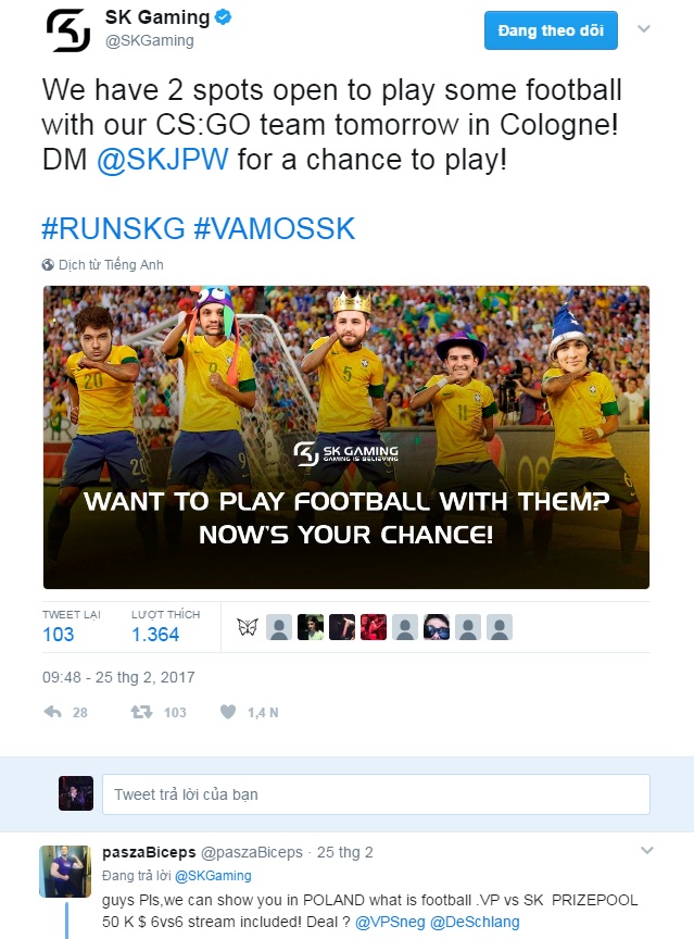 
Pasha mạnh dạn gạ kèo bóng ngay sau khi tweet của SK Gaming được post
