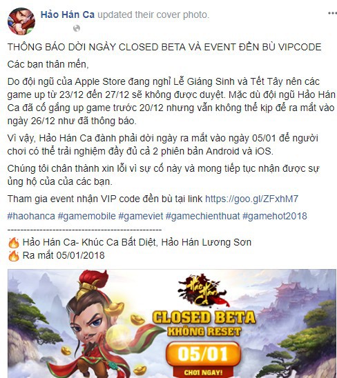 Thông báo dời ngày Closed Beta của Hảo Hán Ca