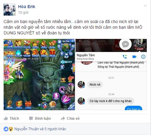 Lời cảm ơn Eric gửi đến soái ca Nguyễn Tâm đã tặng nick nhân vật trong game cho mình để anh có thể đoàn tụ với sư phụ ở S9 được đăng trong Group