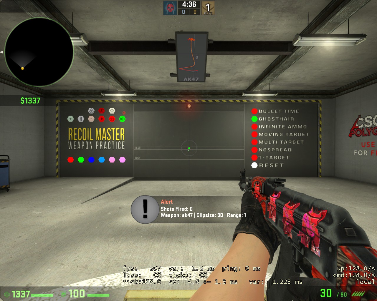  Giao diện dễ sử dụng của Recoil Master với ghost hair và bảng pattern spray của từng loại súng 