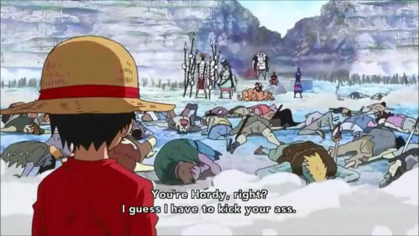 
Sau timeskip, Luffy làm ngã bọn hải tặc mạo danh nhóm Mũ Rơm mà không làm ảnh hưởng những người xung quanh bằng Haki Bá Vương.
