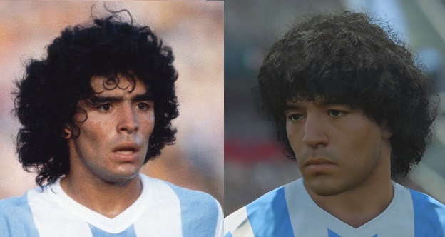 
Tạo hình của Maradona trong PES 2017 (trái) rất giống với danh thủ này thời trẻ.
