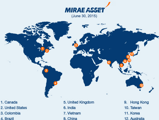 
Vùng phủ sóng của Mirae Asset Group (tính đến năm 2015)
