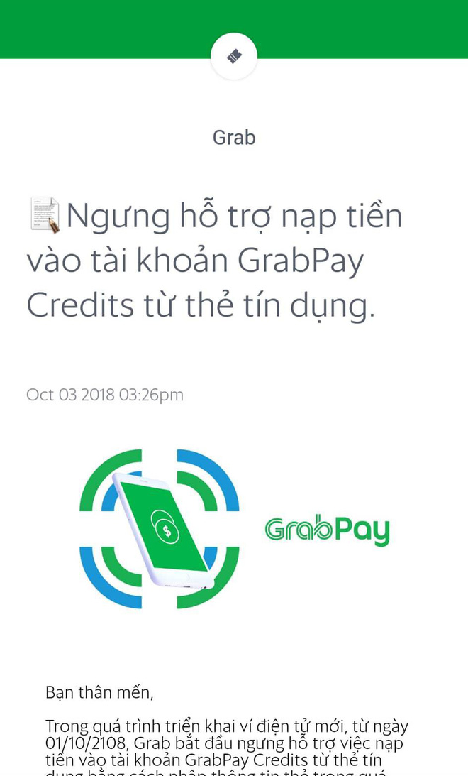 Ứng dụng Grab chính thức ra thông báo ngừng hỗ trợ nạp tiền GrabPay từ thẻ tín dụng - Ảnh 1.