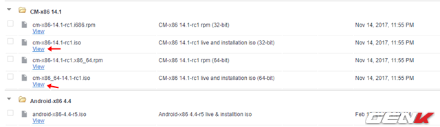  Bước 1: Truy cập vào đường dẫn này và tìm đến dòng CM-x86 14.1. Tại đây bạn chọn tải gói ISO phiên bản Android 7 phù hợp với cấu trúc máy tính của mình. 