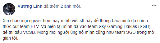 
Vương Linh - Slayder thông báo rời khỏi FTV và đến với Sky Gaming Daklak
