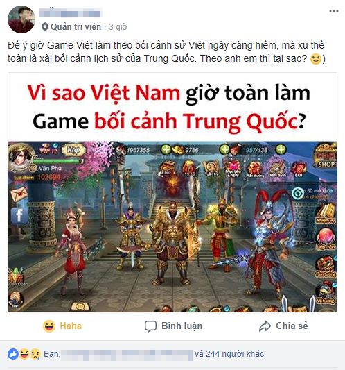 
Dần dần, điều này lại tạo ra các tranh cãi trong cộng đồng game thủ: Vì sao game Việt không lấy sử Việt mà lại lấy sử Trung?
