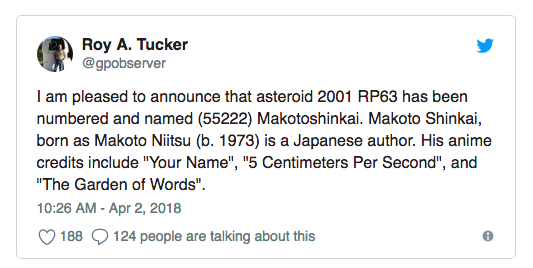 Làm anime quá chất, đạo diễn Your Name được đặt tên cho tiểu hành tinh trên trời - Ảnh 2.