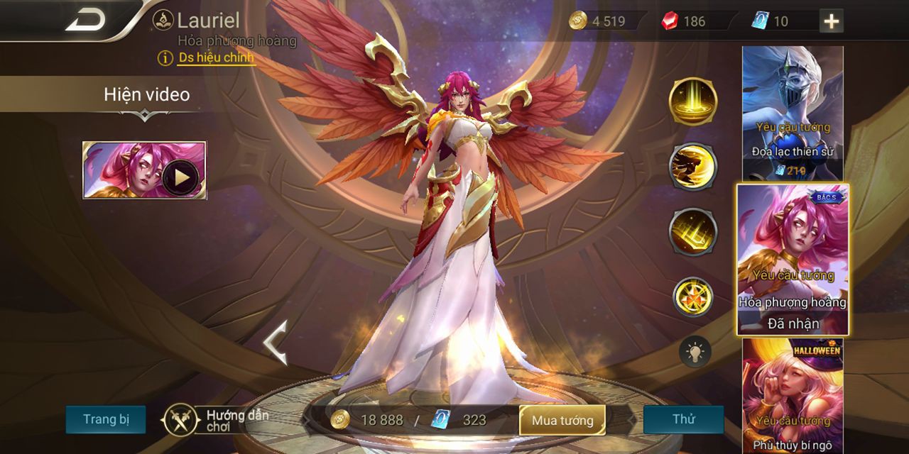 
Lauriel Hỏa Phượng Hoàng là skin giúp biến đổi hiệu ứng kỹ năng mặc định vô cùng ấn tượng.
