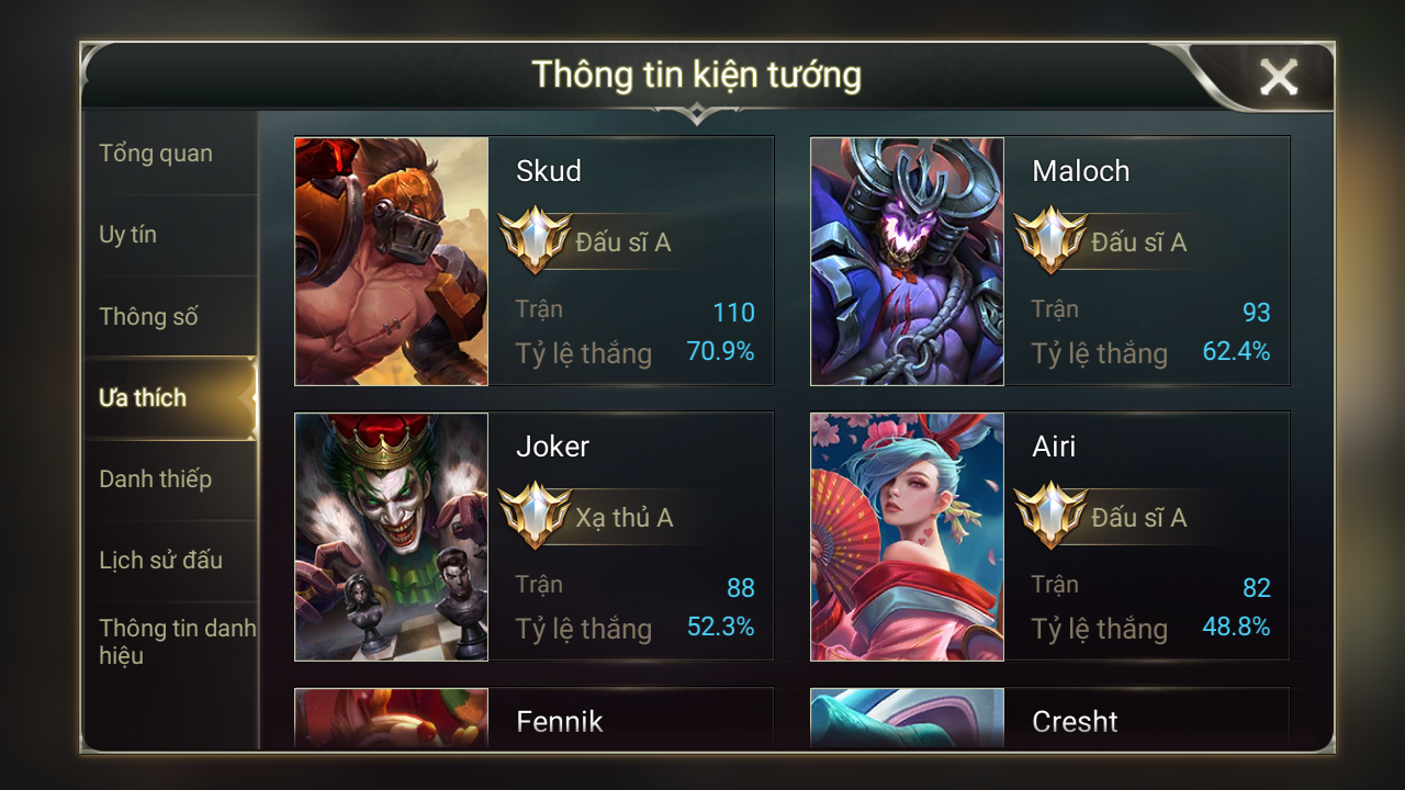 Dù có tới 67 tướng nhưng những nhân tố bạc triệu như Ryoma, Omen, Airi lại không được chủ account này chơi nhiều.