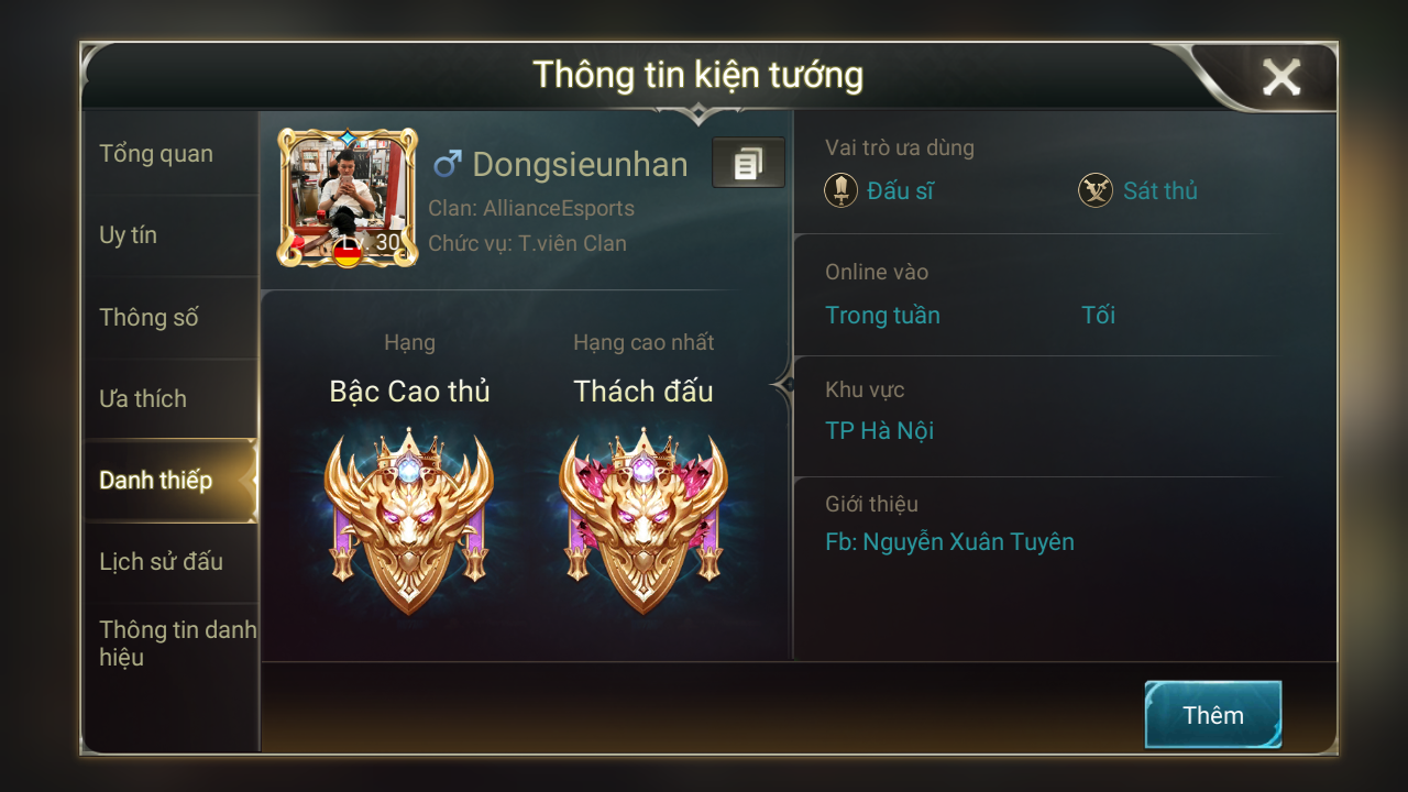 Mức rank hiện tại ở ngưỡng Cao Thủ, cao nhất là Thách Đấu (Top 50 Cao Thủ nhiều sao nhất toàn server).