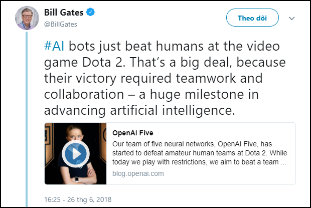 
AI vừa thắng cả người chơi thực ở game DOTA 2. Đây thực sự là một bước tiến lớn vì chúng - những trí tuệ nhân tạo - đã học được cách phối hợp thuần thục với nhau và đánh bại con người.
