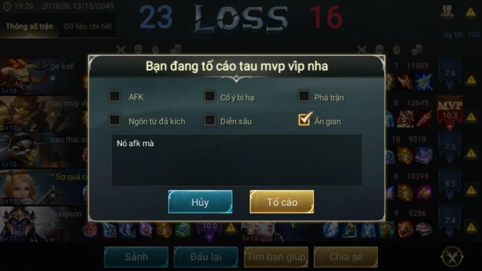  Tố cáo hành vi AFK có tỷ lệ thành công cao hơn các tội khác. 