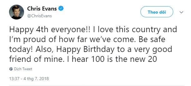 
Chris Evans gửi lời chúc mừng sinh nhật lần thứ 100 của Captain America.&nbsp;
