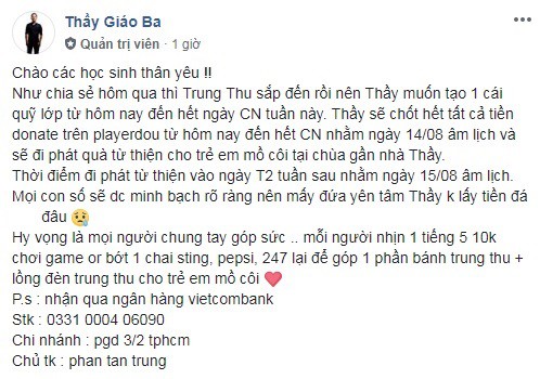 LMHT: Cựu HLV của FFQ khiến cộng đồng game thủ LMHT Việt cảm động khi kêu gọi gây quỹ từ thiện, phát quà Trung Thu cho trẻ mồ côi - Ảnh 1.
