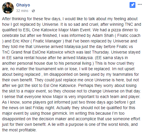 
Ohaiyo cảm thấy mình bị lợi dụng sau khi giúp cho Fnatic đi Major.
