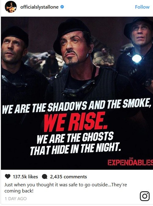 
Động thái trên mạng xã hội Instagram của Sylvester Stallone cho thấy ông sẽ trở lại thương hiệu hành động The Expendables. Ảnh: Instagram.
