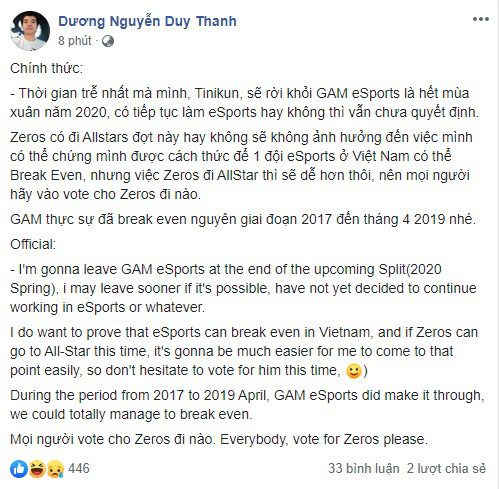 HLV Tinikun chính thức thông báo sẽ rời GAM Esports sau VCS mùa xuân 2020 - Ảnh 1.