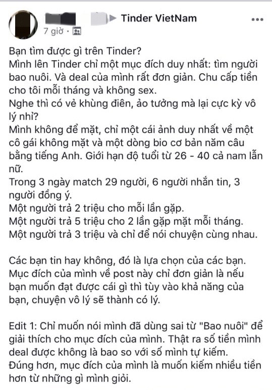 Tự hào khoe hẹn hò với người lạ trên Tinder được bao nuôi, tài trợ 10 triệu mà không đi quá giới hạn, cô gái trẻ khiến cộng đồng mạng sốc nặng - Ảnh 2.