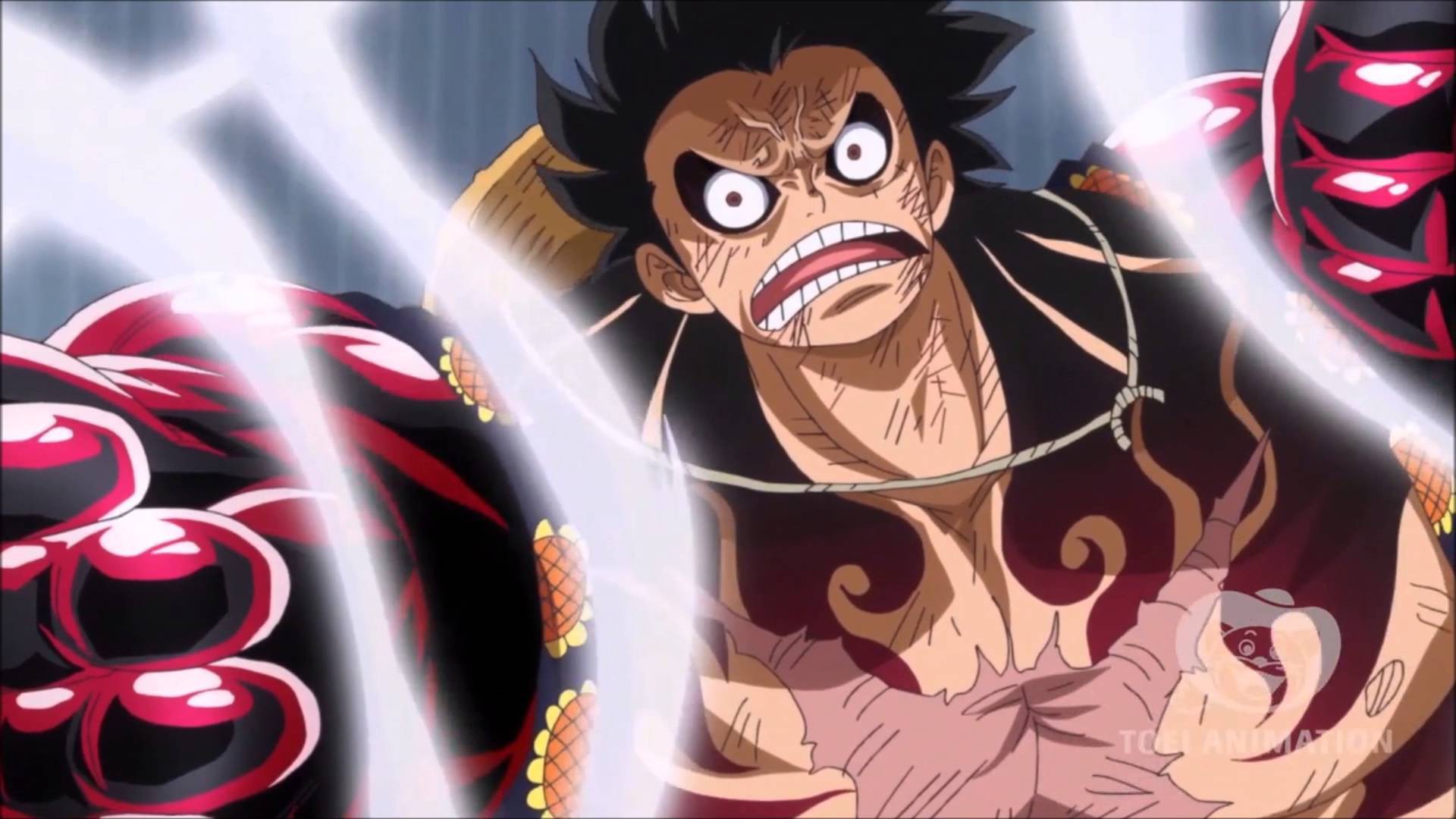 This state sees Luffy\'s body inflate like a balloon while also becoming incredibly muscular and powerful. The image featuring Gear 4 Luffy is an impressive sight to behold, with his intense expression and imposing figure. If you\'re a fan of the One Piece series or just love impressive anime visuals, then be sure to check it out.