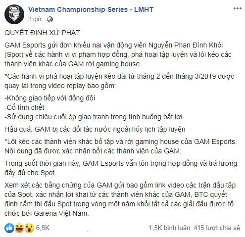 LMHT: GAM chính thức lên tiếng về việc khai trừ Spot, khẳng định sẽ yêu cầu tuyển thủ này đền bù tổn thất - Ảnh 1.