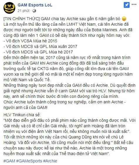 LMHT: Huyền thoại của Esports Việt - Archie chính thức chia tay GAM sau 6 năm gắn bó - Ảnh 1.