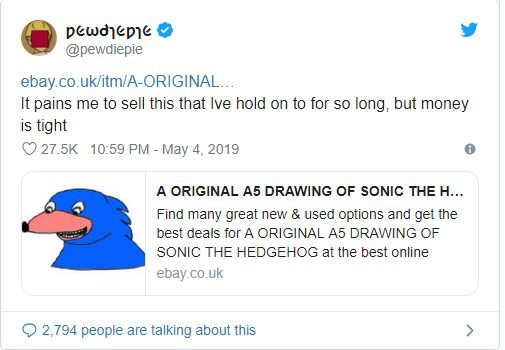 Pewdiepie nguệch ngoạc một bức tranh Sonic, fan đấu giá hơn 30 tỷ VND để sở hữu - Ảnh 1.