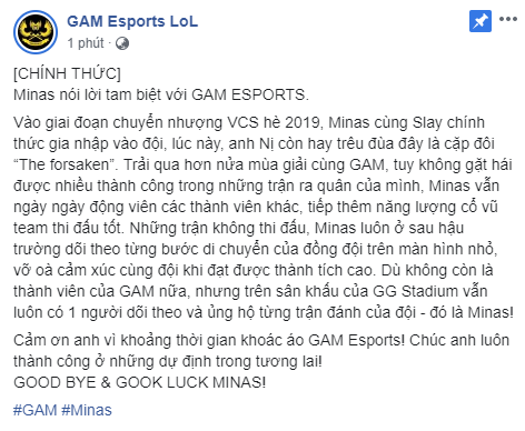 LMHT: Sau rất nhiều đồn đoán, cuối cùng GAM Esports cũng xác nhận chia tay Minas - Ảnh 1.