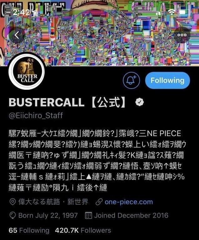 Trang chủ One Piece bị hack, tên tài khoản sửa thành BUSTERCALL và đăng clip khá rùng rợn - Ảnh 1.