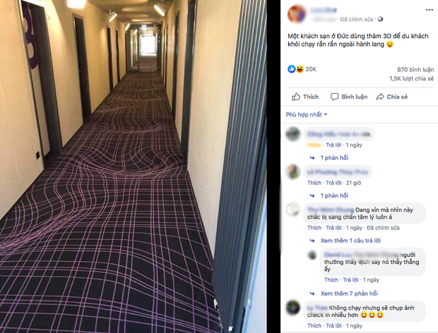 Bức ảnh gây ảo giác đầu năm: Khách sạn Đức dùng thảm 3D ngăn khách chạy nhảy ở hành lang, dân tình nhìn vào không uống cũng say - Ảnh 1.
