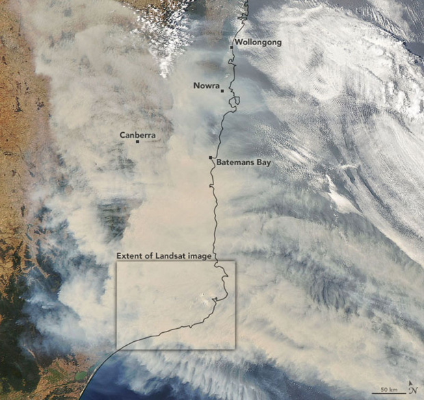 Đại thảm họa cháy rừng Úc nhìn từ không gian: Cả nước như quả cầu lửa, những mảng xanh trù phú bị thay bằng màu khói trắng tang thương - Ảnh 1.