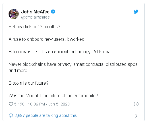 John McAfee nuốt lời hứa tự ăn “cái ấy” của mình nếu Bitcoin không đạt 1 triệu USD vào năm 2020 - Ảnh 2.