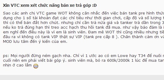 Game thủ World of Tanks xin được mua đồ "trả góp" 2