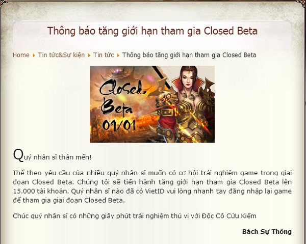 Độc Cô Cửu Kiếm tăng số lượng người chơi test Closed Beta 2