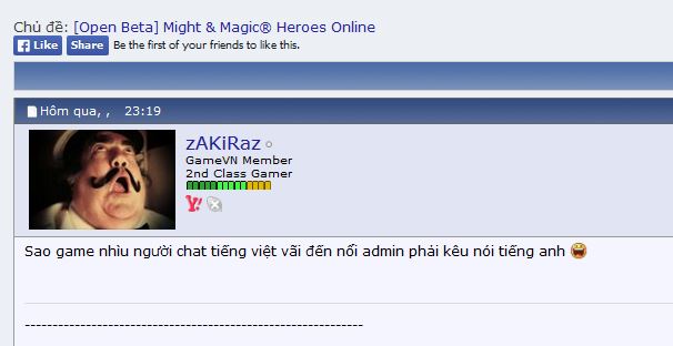 Phản ánh của một game thủ đang chơi Might & Magic Heroes Online trên diễn đàn.