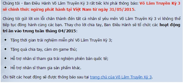 Thông báo từ phía ban điều hành Võ Lâm Truyền Kỳ 3