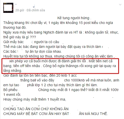 Nhiều thành viên bang HUYETMA1 từ chối đấu lại với bang NAMLONG