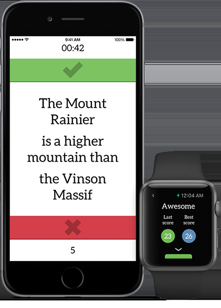 Elementary Minute app on iPhone and Apple watch. Shows quiz question and current score.