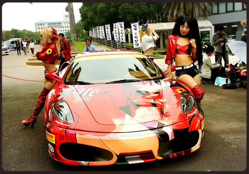 A Ferrari 458 Spider sports car decorated with cartoon and manga characters  in a style known as Itasha (painful to look at). Akihabara, Tokyo, Japan  Stock Photo - Alamy