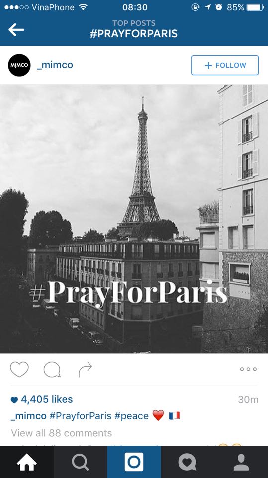 
Hashtag #PrayforParis tràn ngập Instagram
