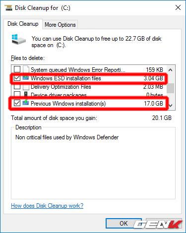  Ở cửa sổ mới hiện ra, chúng ta cần bấm vào 2 ô chọn là Windows ESD installation files và Previous Windows installation(s) sau đó bấm OK để tiến hành xóa. Đây là dữ liệu của hệ thống trước khi cập nhật, chúng có dung lượng rất lớn lên tới 20 GB. 
