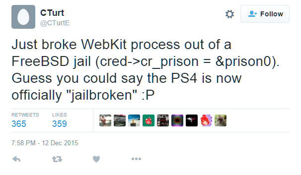  CTurt thông báo trên Twitter sau khi thực hiện thành công Jailbreak PS4. 