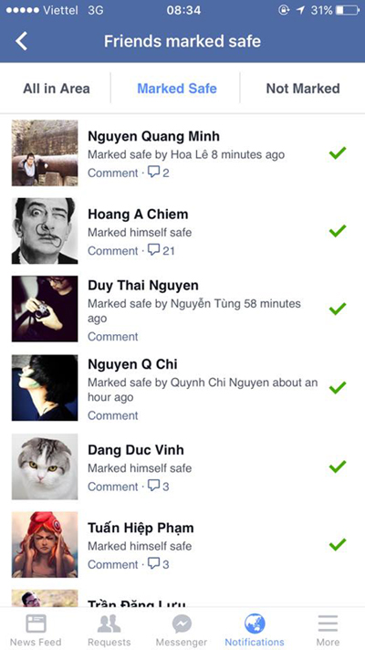  Người dùng Việt cập nhật tình trạng an toàn của mình với bạn bè và người thân qua công cụ của Facebook. 