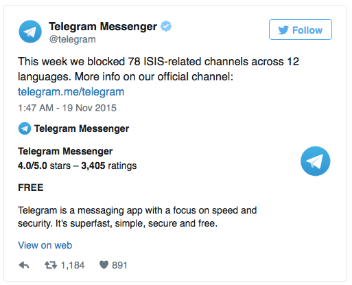 Telegram đã khoá 78 kênh được cho liên quan đến IS. Ảnh: Twitter.