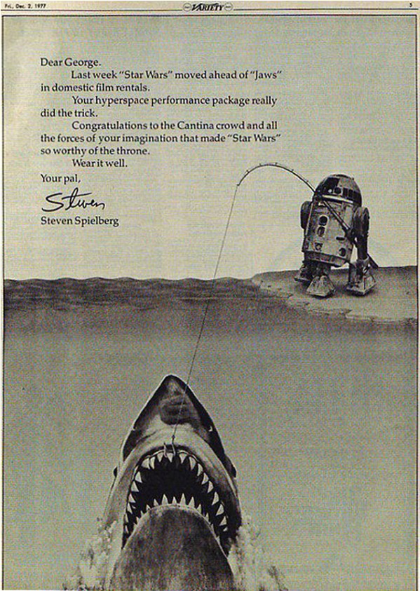 
Steven Spielberg chúc mừng George Lucas khi “Star Wars” giành chỗ của “Jaws”
